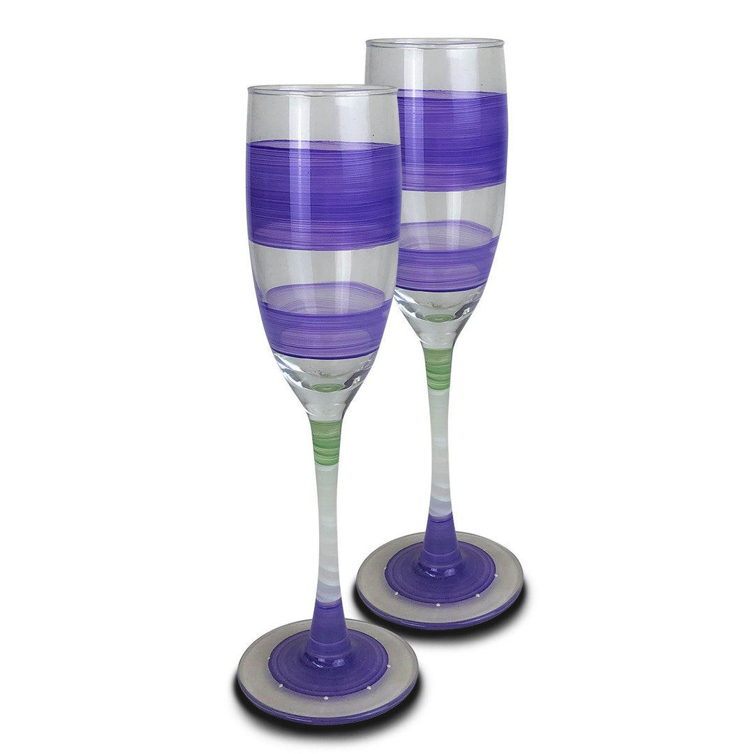 Hand Painted Glassware Cape Cod Cottage Stripe Purple Champagne Set of 2 Image 1