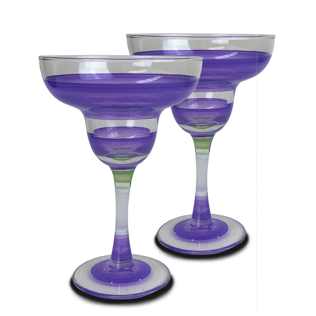 Hand Painted Glassware Cape Cod Cottage Stripe Purple Margarita Set of 2 Image 1