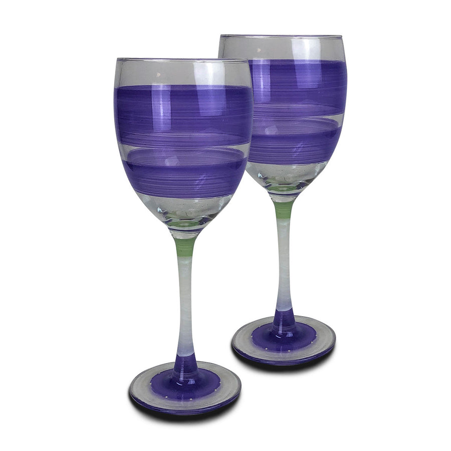 Hand Painted Glassware Cape Cod Cottage Stripe Purple Wine Set of 2 Image 1