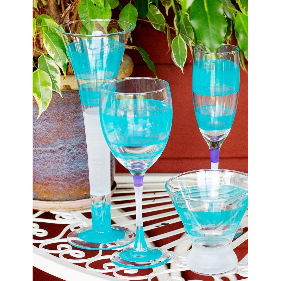 Hand Painted Glassware Cape Cod Cottage Stripe Turquoise Cosmopolitan Set of 2 Image 2