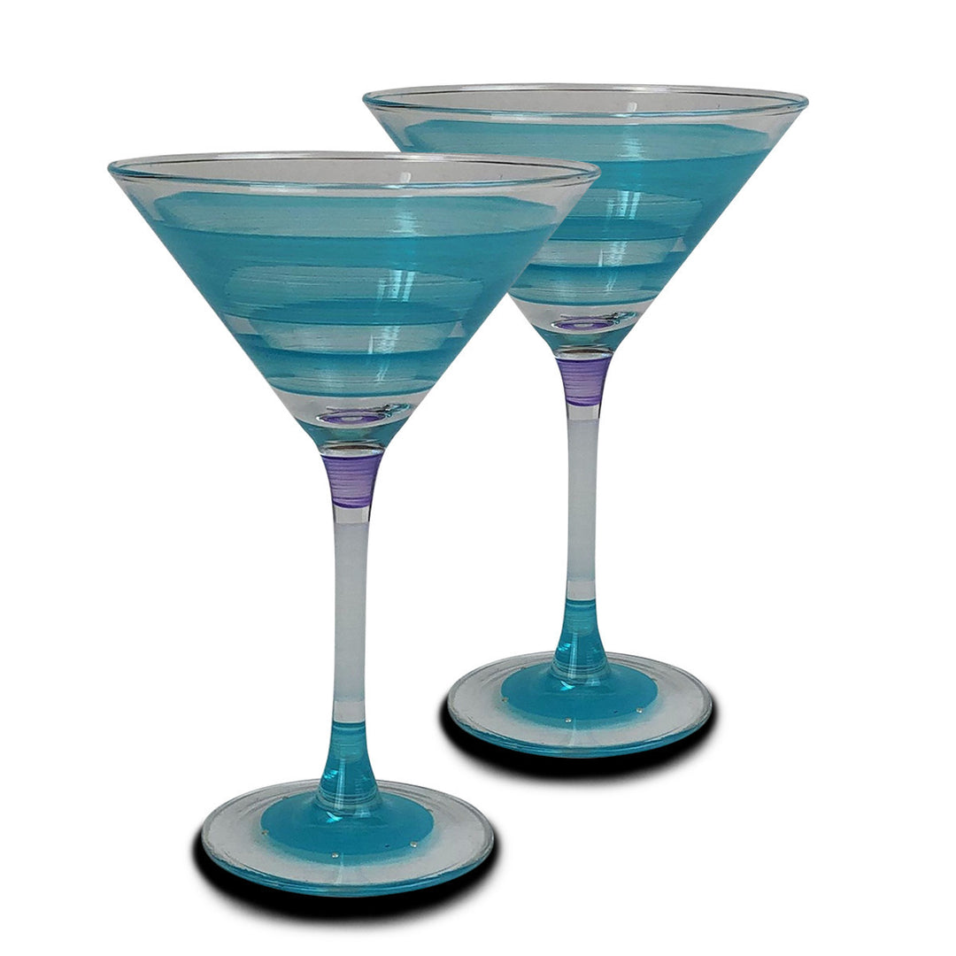 Hand Painted Glassware Cape Cod Cottage Stripe Turquoise Martini Set of 2 Image 1