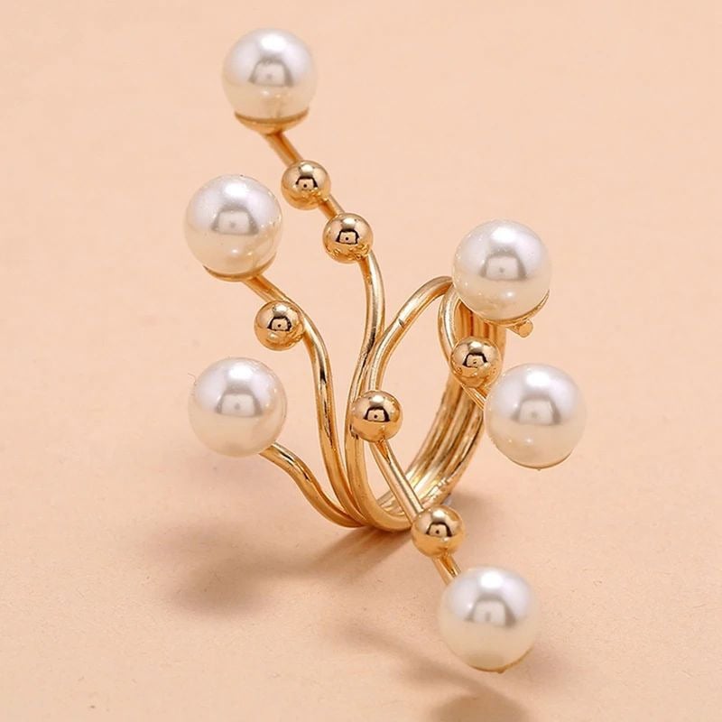 1PC Elegant Double Layer Large Pearl Ring  Fashionable Exaggerated Design for Women Trendy Party Jewelry and Image 3