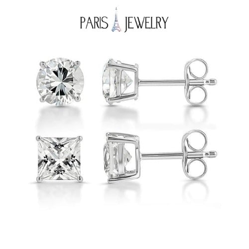 Paris Jewelry 18k White Gold 2 Pair Created White Sapphire 4mm Round and Princess Cut Stud Earrings Plated Image 1