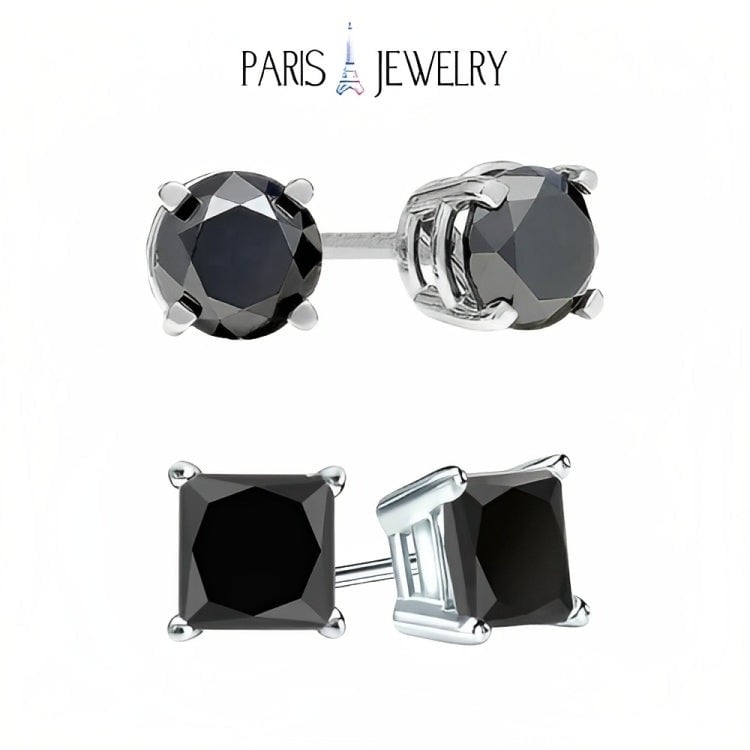 Paris Jewelry 18k White Gold 2 Pair Created Black Sapphire 4mm Round and Princess Cut Stud Earrings Plated Image 1