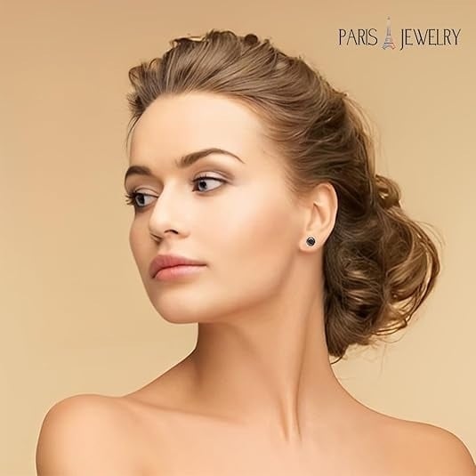 Paris Jewelry 18k White Gold 2 Pair Created Black Sapphire 4mm Round and Princess Cut Stud Earrings Plated Image 2