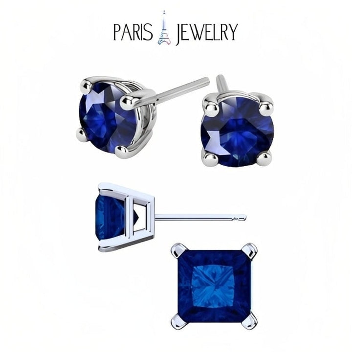 Paris Jewelry 18k White Gold 2 Pair Created Blue Sapphire 4mm Round and Princess Cut Stud Earrings Plated Image 1