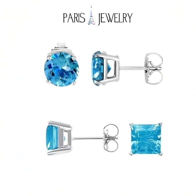 Paris Jewelry 18k White Gold 2 Pair Created Blue Topaz 4mm Round and Princess Cut Stud Earrings Plated Image 1