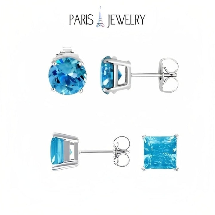 Paris Jewelry 18k White Gold 2 Pair Created Blue Topaz 4mm Round and Princess Cut Stud Earrings Plated Image 1