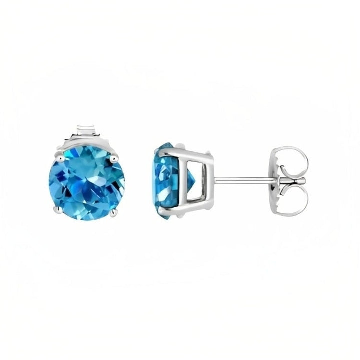 Paris Jewelry 18k White Gold 2 Pair Created Blue Topaz 4mm Round and Princess Cut Stud Earrings Plated Image 2