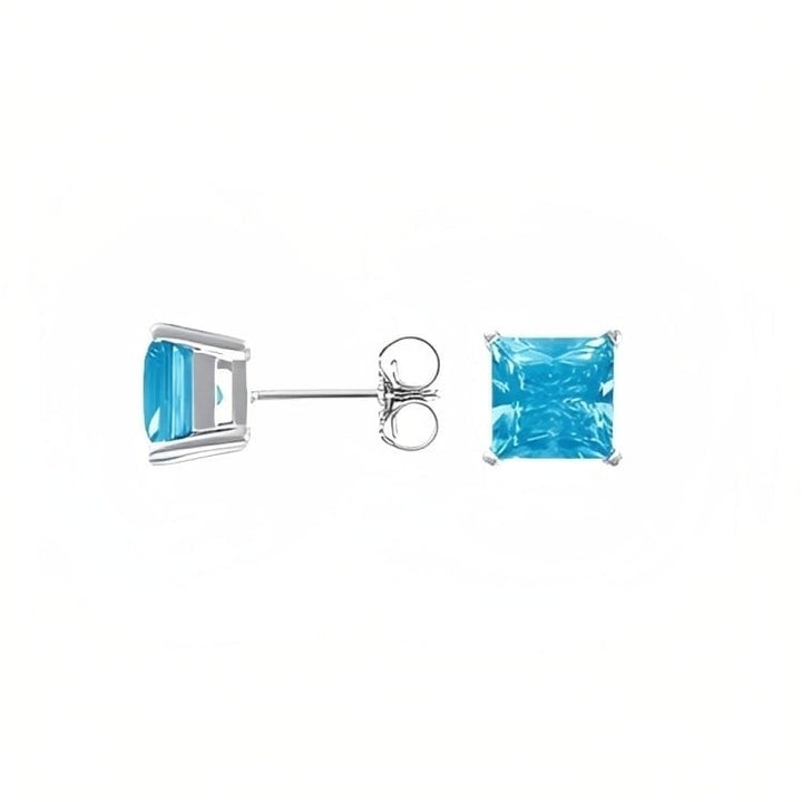 Paris Jewelry 18k White Gold 2 Pair Created Blue Topaz 4mm Round and Princess Cut Stud Earrings Plated Image 3