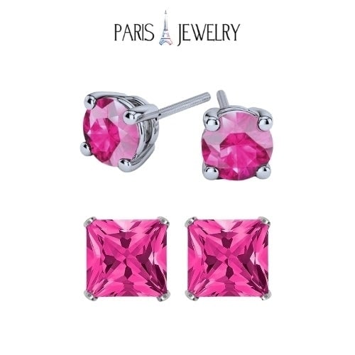 Paris Jewelry 18k White Gold 2 Pair Created Pink Sapphire 4mm Round and Princess Cut Stud Earrings Plated Image 1