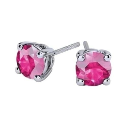 Paris Jewelry 18k White Gold 2 Pair Created Pink Sapphire 4mm Round and Princess Cut Stud Earrings Plated Image 2