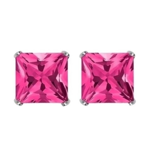 Paris Jewelry 18k White Gold 2 Pair Created Pink Sapphire 4mm Round and Princess Cut Stud Earrings Plated Image 3