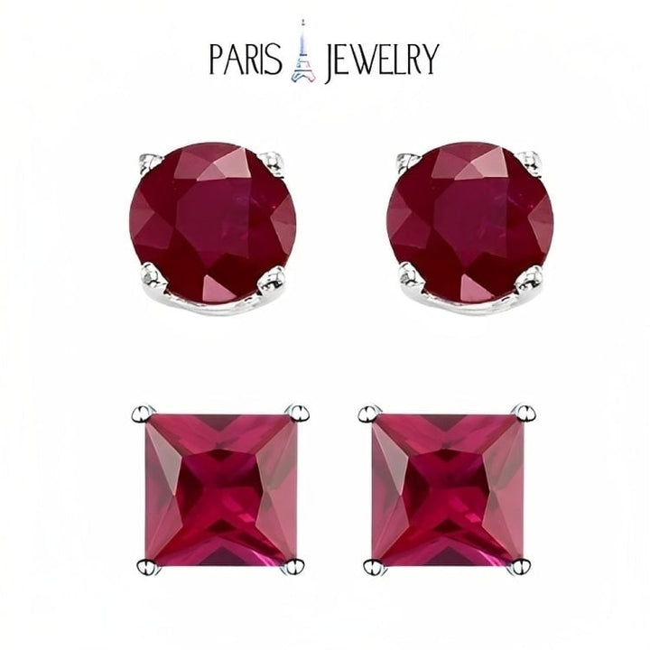 Paris Jewelry 18k White Gold 2 Pair Created Ruby 4mm Round and Princess Cut Stud Earrings Plated Image 1