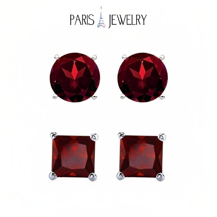 Paris Jewelry 18k White Gold 2 Pair Created Garnet 4mm Round and Princess Cut Stud Earrings Plated Image 1