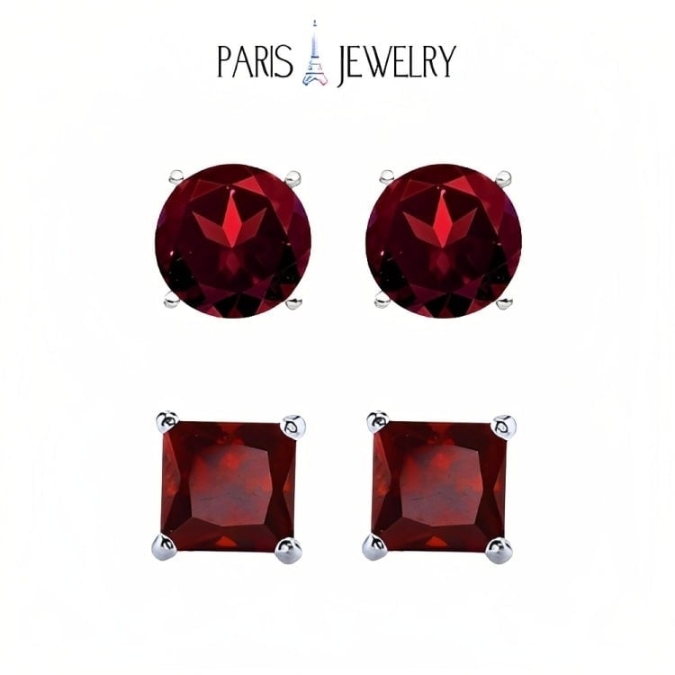 Paris Jewelry 18k White Gold 2 Pair Created Garnet 4mm Round and Princess Cut Stud Earrings Plated Image 1