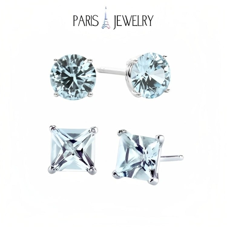 Paris Jewelry 18k White Gold 2 Pair Created Aquamarine 4mm Round and Princess Cut Stud Earrings Plated Image 1