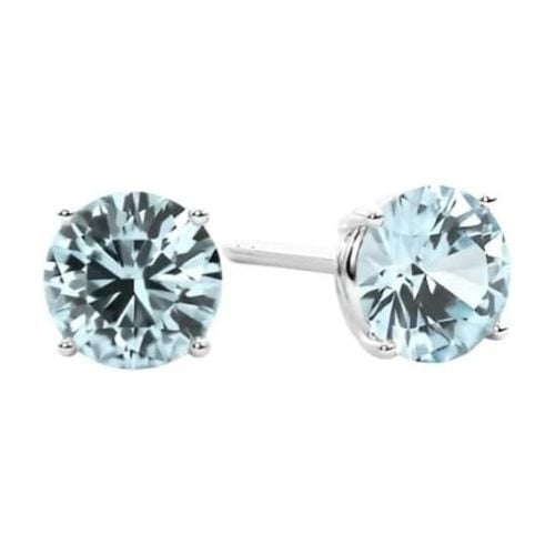 Paris Jewelry 18k White Gold 2 Pair Created Aquamarine 4mm Round and Princess Cut Stud Earrings Plated Image 2