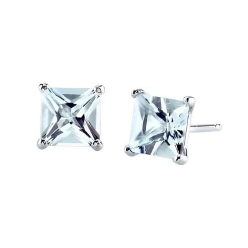 Paris Jewelry 18k White Gold 2 Pair Created Aquamarine 4mm Round and Princess Cut Stud Earrings Plated Image 3