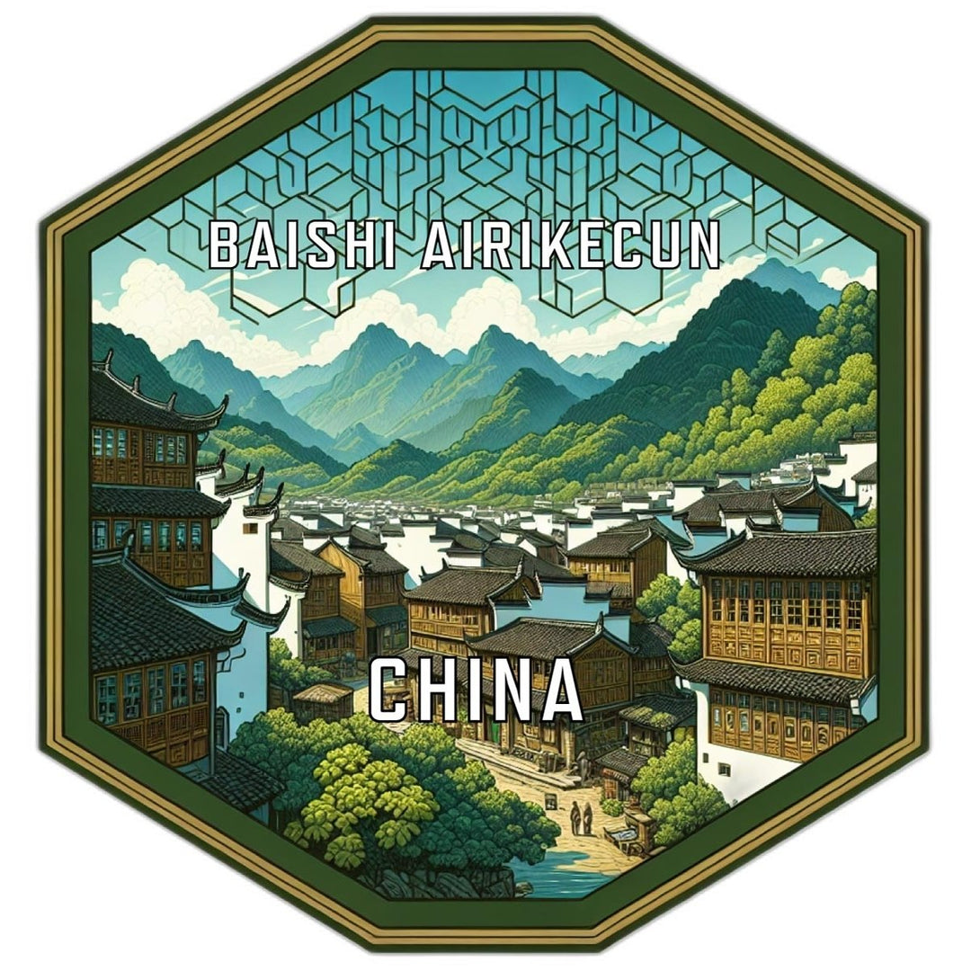 Baishi Airikecun China Souvenir Travel Destination Die Cut Hexagon Fridge Magnet Image 1