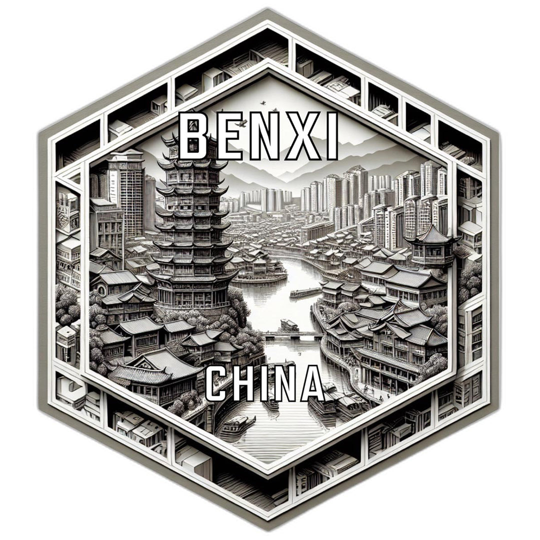 Benxi China Souvenir Travel Destination Die Cut Hexagon Fridge Magnet Image 1