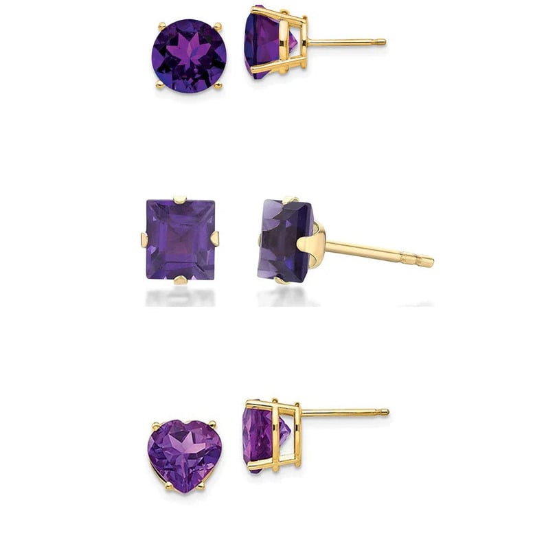 Paris Jewelry 18k Yellow Gold Created Amethyst 3 Pair Round Square And Heart Stud Earrings Plated 4mm Image 1