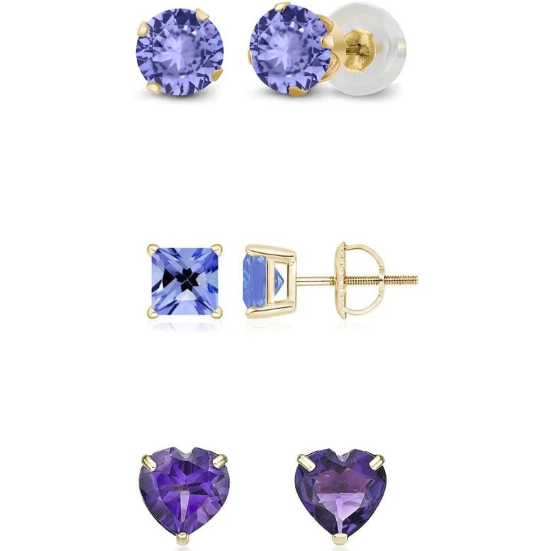 Paris Jewelry 18k Yellow Gold Created Tanzanite 3 Pair Round Square And Heart Stud Earrings Plated 4mm Image 1