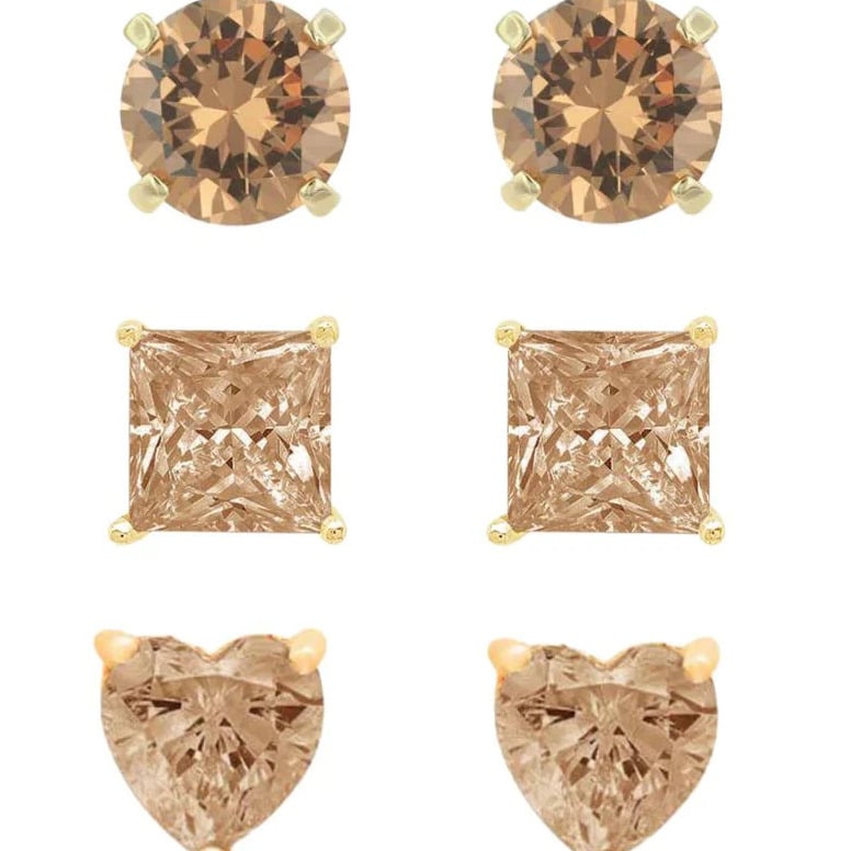 Paris Jewelry 18k Yellow Gold Created Champagne 3 Pair Round Square And Heart Stud Earrings Plated 4mm Image 1