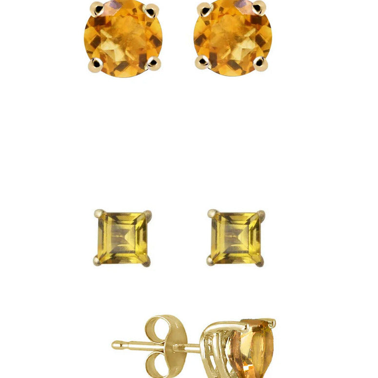 Paris Jewelry 18k Yellow Gold Created Citrine 3 Pair Round Square And Heart Stud Earrings Plated 4mm Image 1