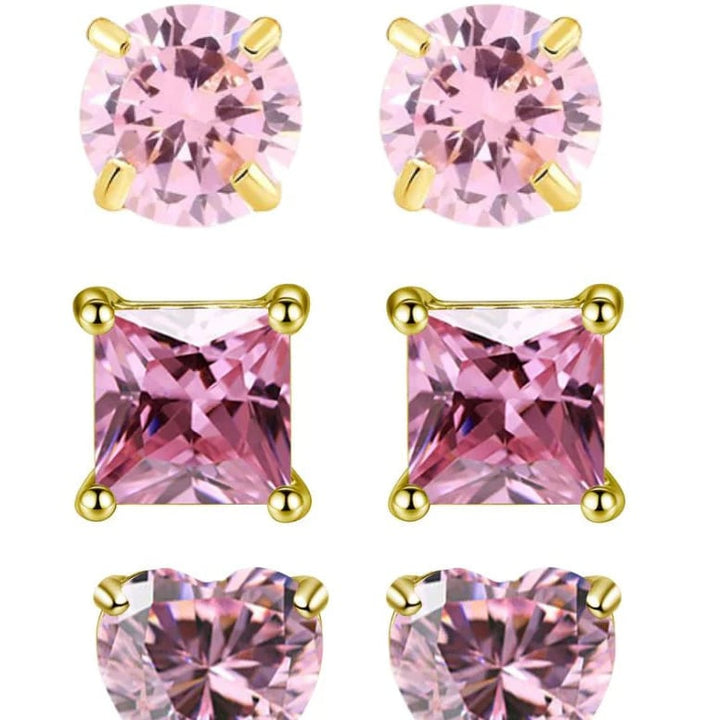 Paris Jewelry 18k Yellow Gold Created Tourmaline 3 Pair Round Square And Heart Stud Earrings Plated 4mm Image 1