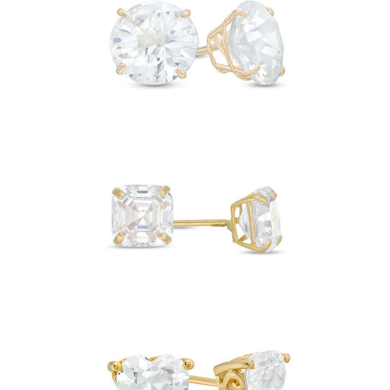 18k Yellow Gold Plated 6mm Created White Sapphire 3 Pair Round Square And Heart Stud Earrings Image 1