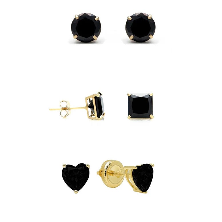 18k Yellow Gold Plated 6mm Created Black Sapphire 3 Pair Round Square And Heart Stud Earrings Image 1