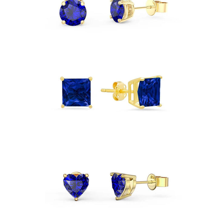 18k Yellow Gold Plated 6mm Created Blue Sapphire 3 Pair Round Square And Heart Stud Earrings Image 1