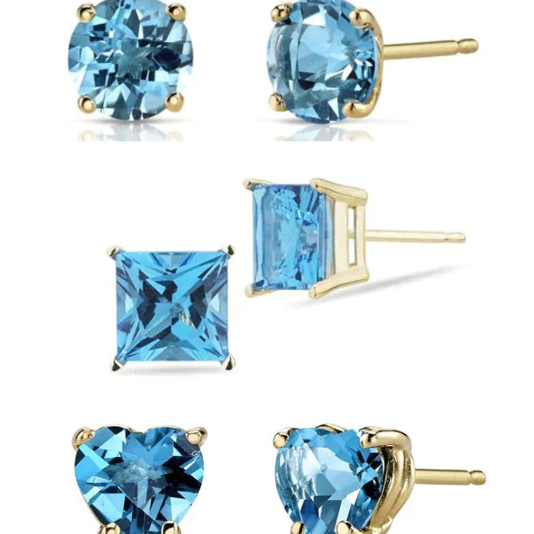 18k Yellow Gold Plated 6mm Created Blue Topaz 3 Pair Round Square And Heart Stud Earrings Image 1