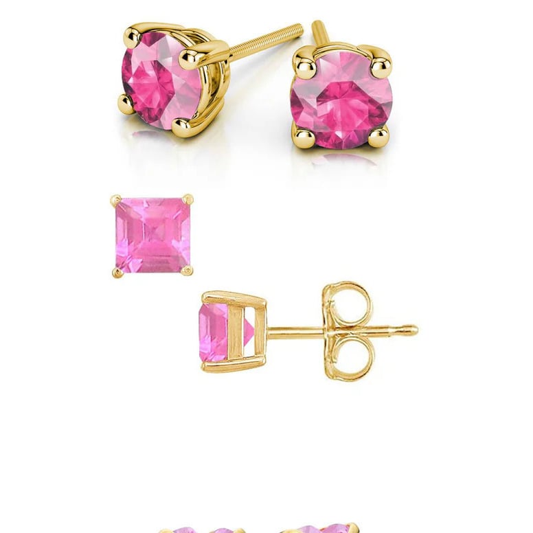 18k Yellow Gold Plated 6mm Created Pink Sapphire 3 Pair Round Square And Heart Stud Earrings Image 1