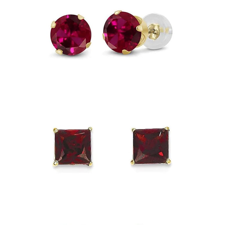 18k Yellow Gold Plated 6mm Created Garnet 3 Pair Round Square And Heart Stud Earrings Image 1