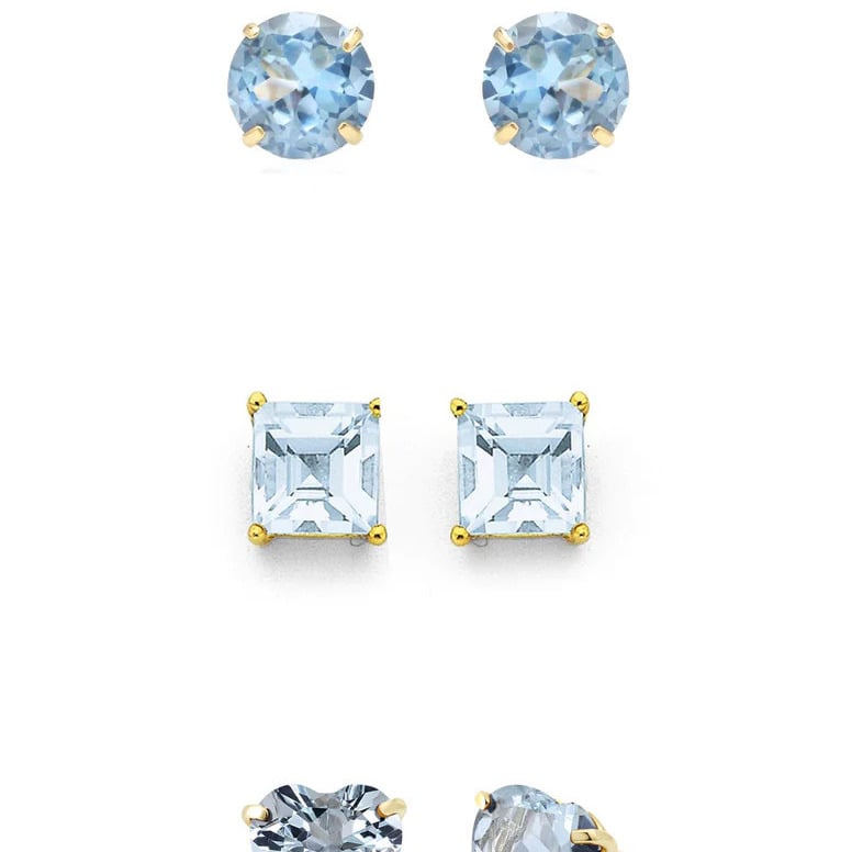 18k Yellow Gold Plated 6mm Created Aquamarine 3 Pair Round Square And Heart Stud Earrings Image 1