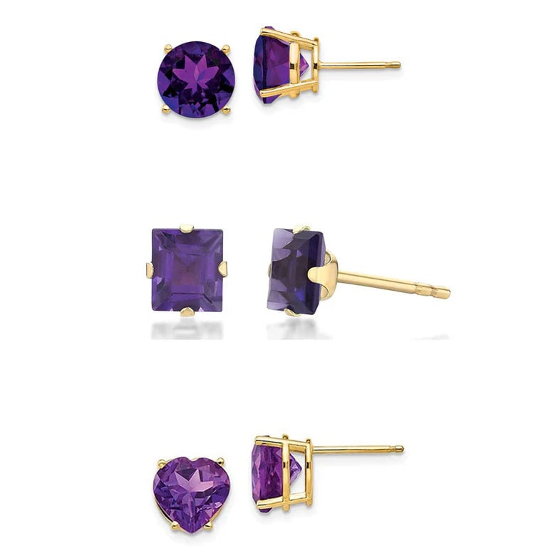 18k Yellow Gold Plated 6mm Created Amethyst 3 Pair Round Square And Heart Stud Earrings Image 1