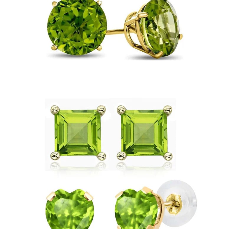 18k Yellow Gold Plated 6mm Created Peridot 3 Pair Round Square And Heart Stud Earrings Image 1