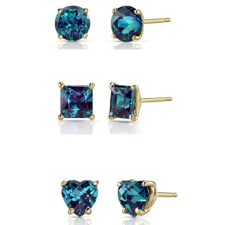 18k Yellow Gold Plated 6mm Created Alexandrite 3 Pair Round Square And Heart Stud Earrings Image 1