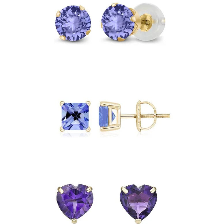 18k Yellow Gold Plated 6mm Created Tanzanite 3 Pair Round Square And Heart Stud Earrings Image 1