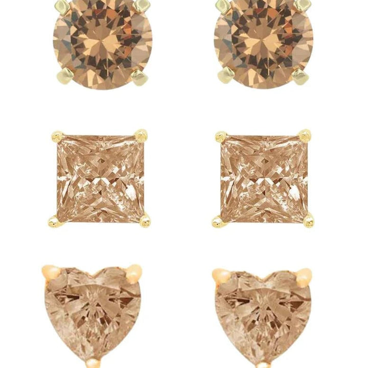 18k Yellow Gold Plated 6mm Created Champagne 3 Pair Round Square And Heart Stud Earrings Image 1