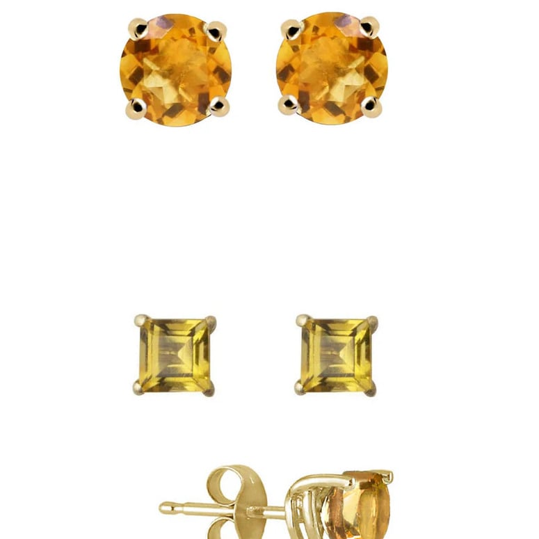 18k Yellow Gold Plated 6mm Created Citrine 3 Pair Round Square And Heart Stud Earrings Image 1