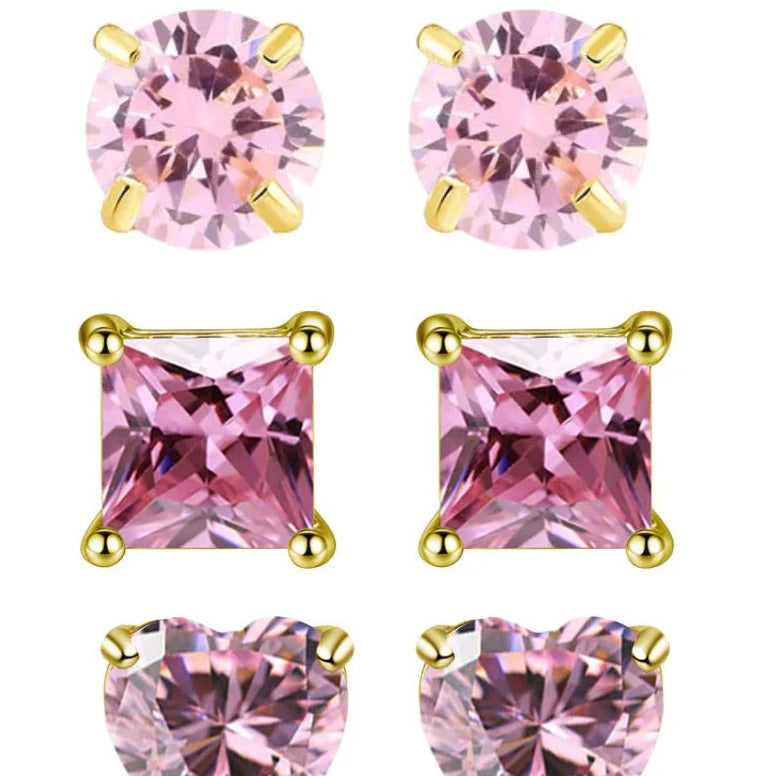 18k Yellow Gold Plated 6mm Created Tourmaline 3 Pair Round Square And Heart Stud Earrings Image 1