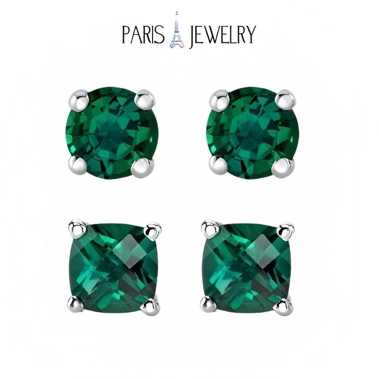 Paris Jewelry 18k White Gold 2 Pair Created Emerald 4mm Round and Princess Cut Stud Earrings Plated Image 1