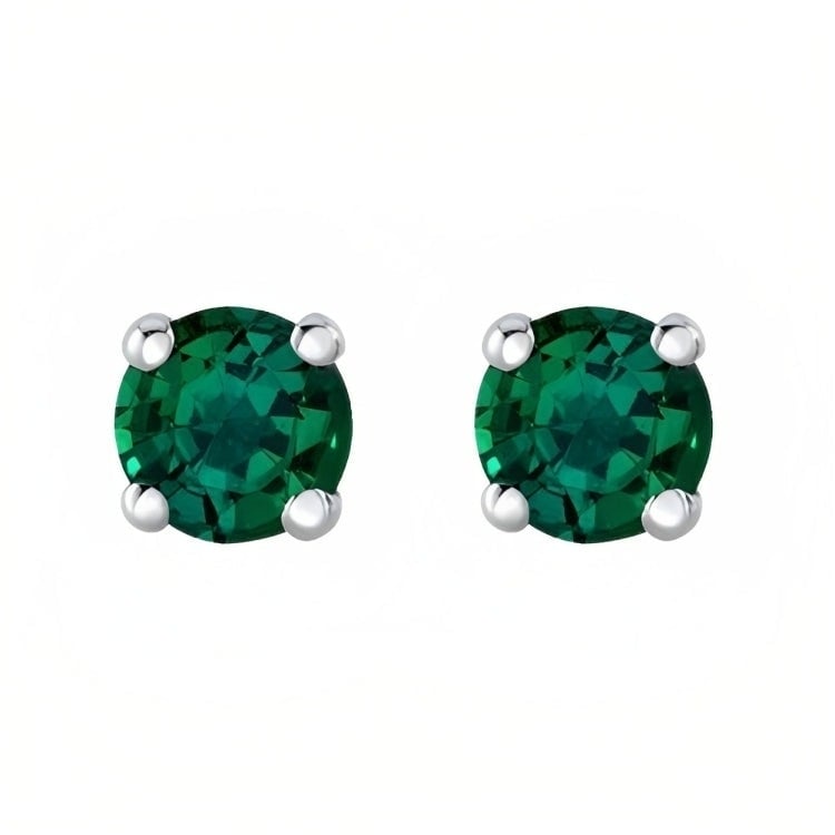 Paris Jewelry 18k White Gold 2 Pair Created Emerald 4mm Round and Princess Cut Stud Earrings Plated Image 2