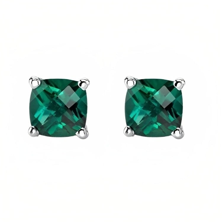 Paris Jewelry 18k White Gold 2 Pair Created Emerald 4mm Round and Princess Cut Stud Earrings Plated Image 3