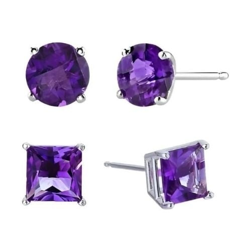 Paris Jewelry 18k White Gold 2 Pair Created Amethyst 4mm Round and Princess Cut Stud Earrings Plated Image 1