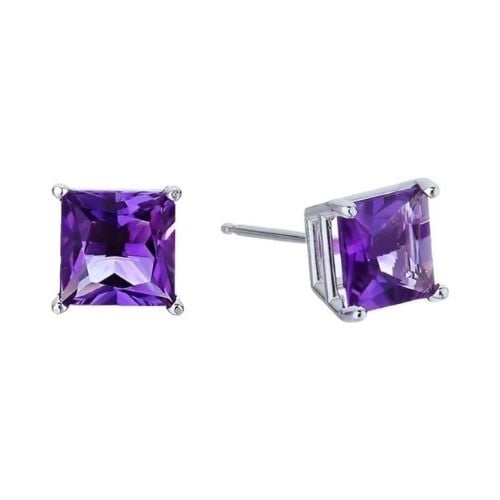 Paris Jewelry 18k White Gold 2 Pair Created Amethyst 4mm Round and Princess Cut Stud Earrings Plated Image 3