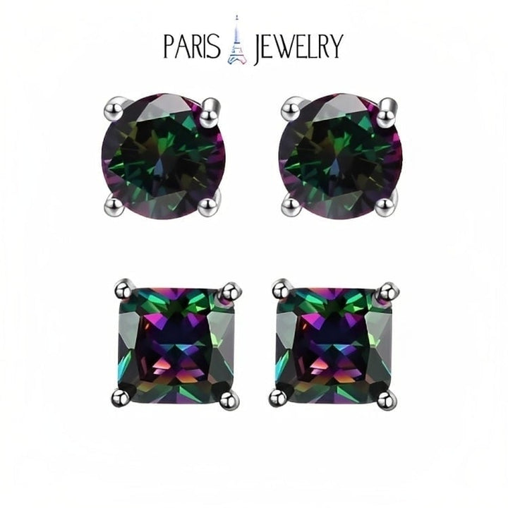 Paris Jewelry 18k White Gold 2 Pair Created Mystic 4mm Round and Princess Cut Stud Earrings Plated Image 1